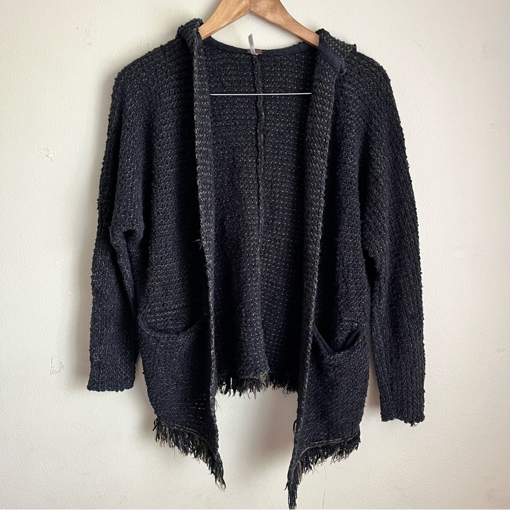 Free People hoodie Black Knit fringe Women's Sweater fisherman boho rustic rodeo